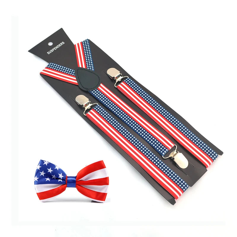 USA American Flag Suspender & Bow Tie Set, Adjustable Elastic Braces with Bowtie for Men Women, Patriotic Outfit for 4th of July