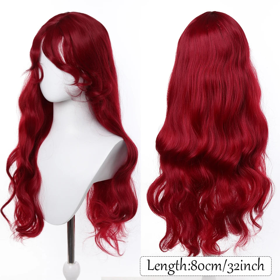 Long Straight Wavy Wine Red Wig With Bang Synthetic Wigs for Women Heat Resistant Natural Hair for Daily Halloween Cosplay Party