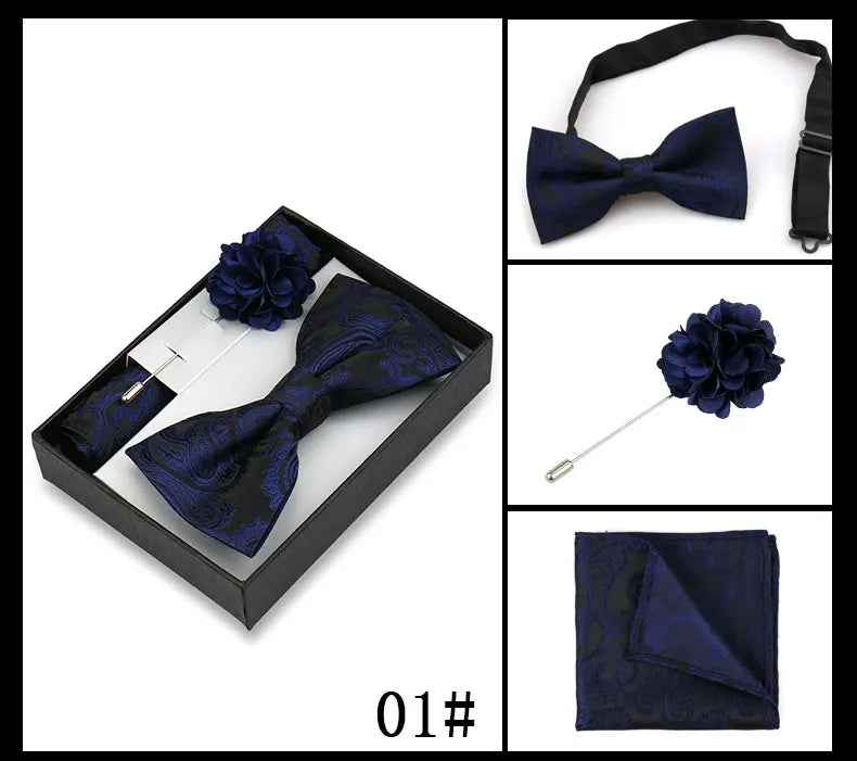 Classic High Quality Bow Tie Set Box Gift For Men Fashion Elegant Bowtie Handchief And Brooch Set Wedding Business Accessories
