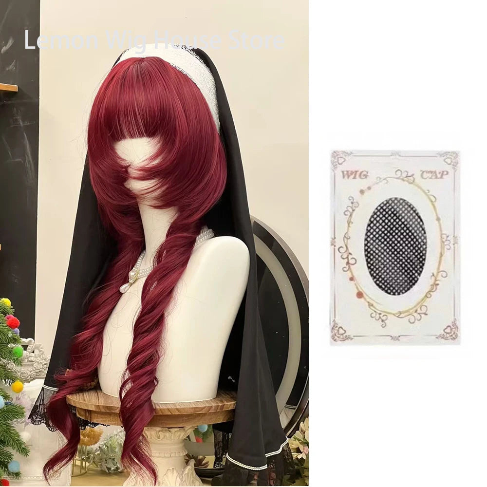 Double Ponytail Long Curly Hair Wig with Bangs Synthetic Hair Cute Lolita Wigs for Women Daily Party Cosplay Wig Heat Resistant