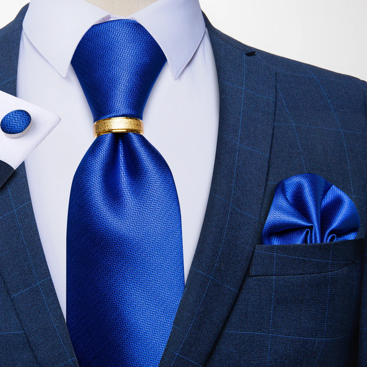 Men's Tie Handkerchief Cuffink Necktie Set Jacquard Woven Silk Blue Wedding Formal Business Party Necktie Ring Set DiBanGu