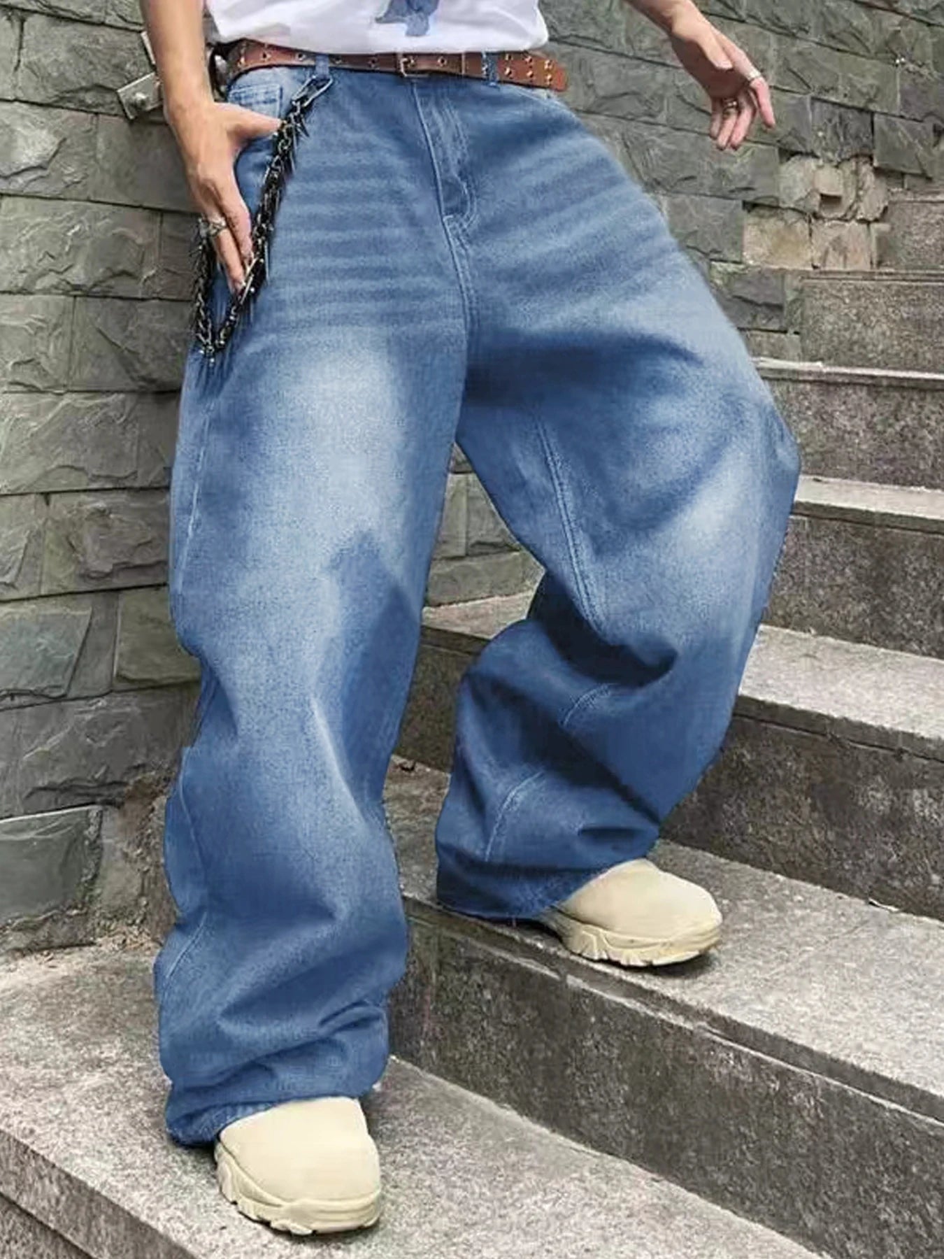 Fashion Men's Vintage Jeans Straight Streetwear Personality Hip Hop Trousers Male Youth Loose Wide Legs Denim Pants