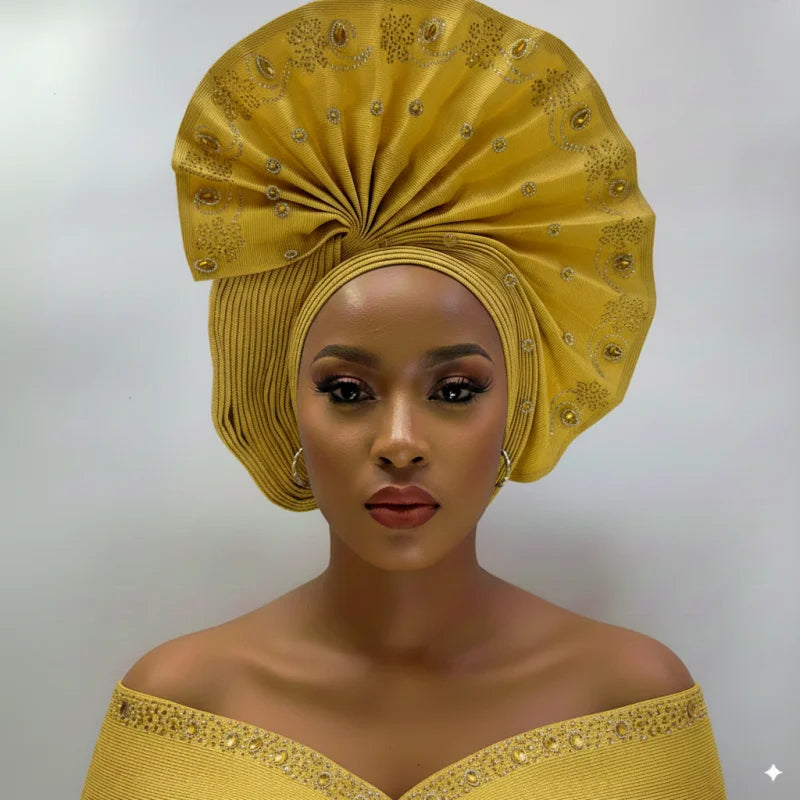 High Quality African Nigeria Gele Elegant Helmet With Stones Headband Turban Head Scarf Head-Hat Auto Gele Brand New Hats 7L1181