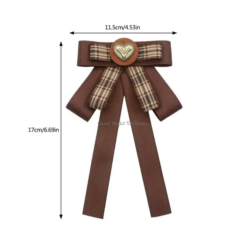 Retro Brown Plaids Bowtie Brooch Pin Uniform Ribbon Bowknot Jabot Collar Necktie
