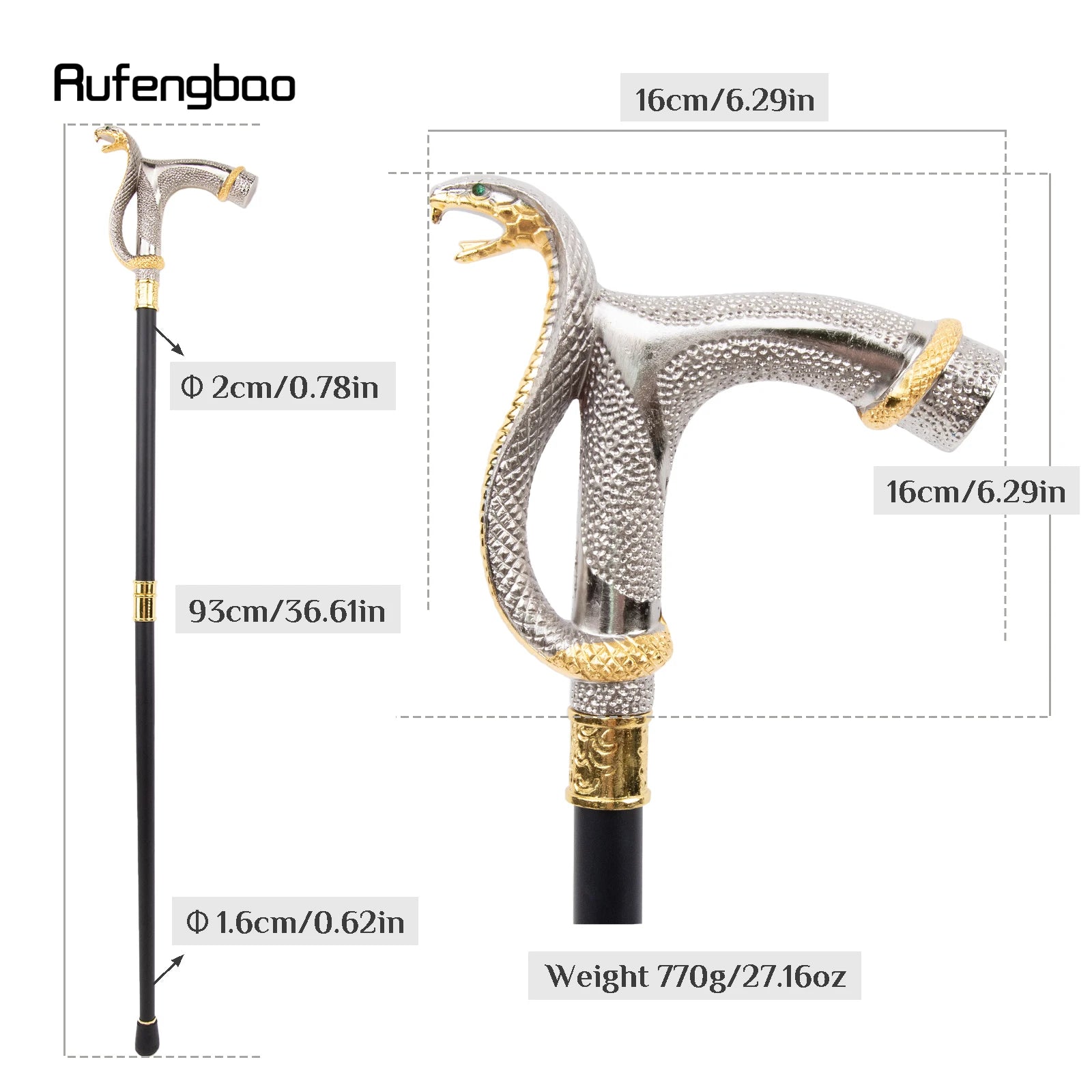 White Golden Cobra Head Fashion Walking Stick with Hidden Plate Self Defense Fashion Cane Plate Cosplay Crosier Stick 93cm
