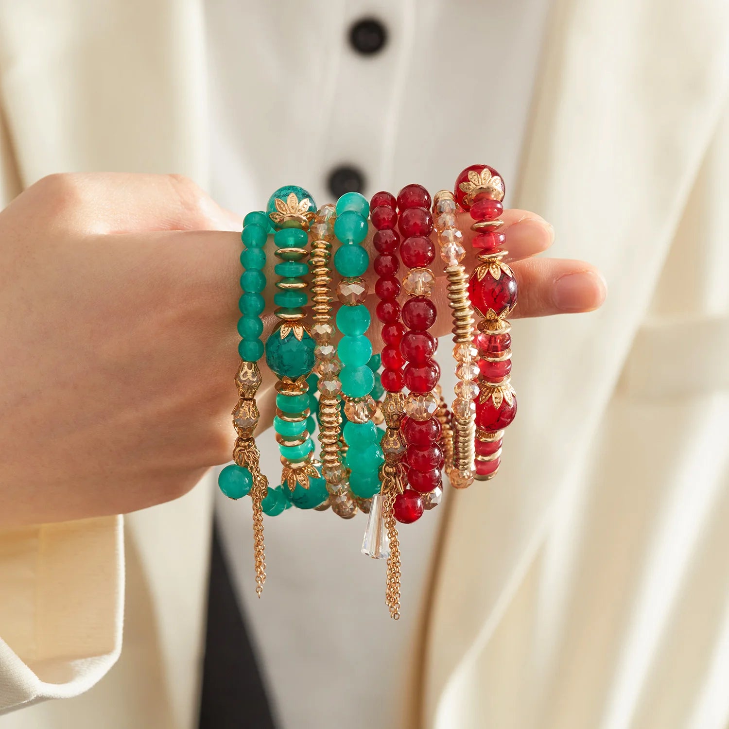Bohemian 4pcs Crystal Multi-layer Beaded Bracelet for Women Sweet Girls Colorful Round Shape Jewelry Friendship Wholesale Gifts