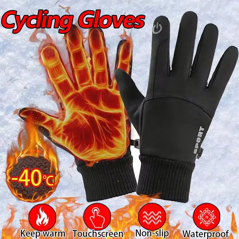 Black Winter Fleece Gloves Full Fingers Waterproof Touch Screen Cycling Outdoor Sports Running Motorcycle Ski Warm