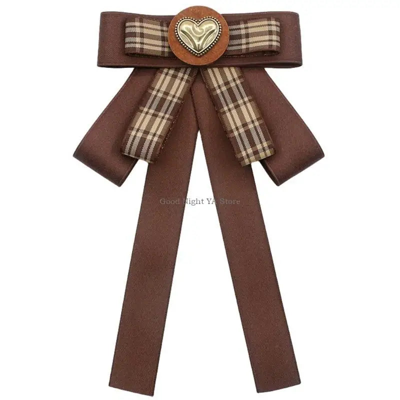 Retro Brown Plaids Bowtie Brooch Pin Uniform Ribbon Bowknot Jabot Collar Necktie
