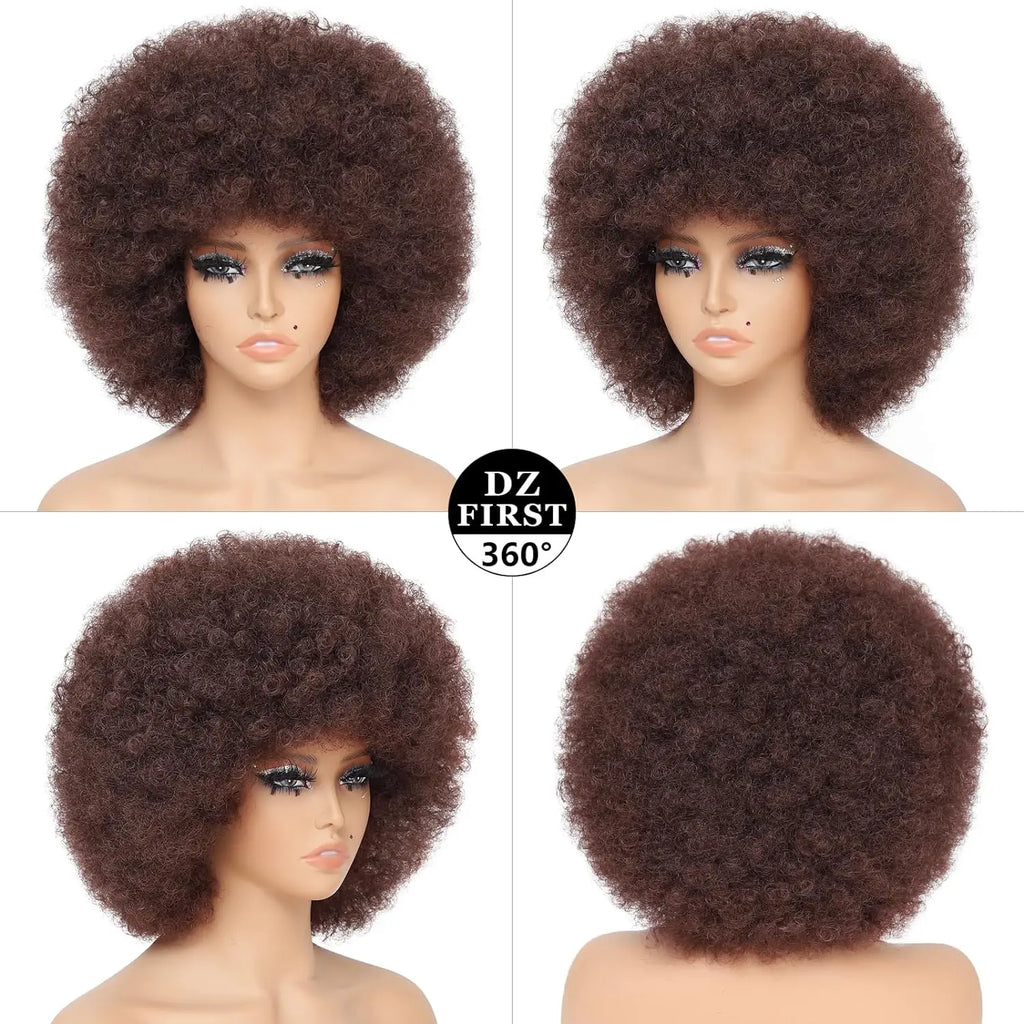 Synthetic Hair Afro Kinky Curly Blonde Wig For Women Mix Brown 70s Machine Made Huge With Bangs Short Bouncy For Daily Party Use