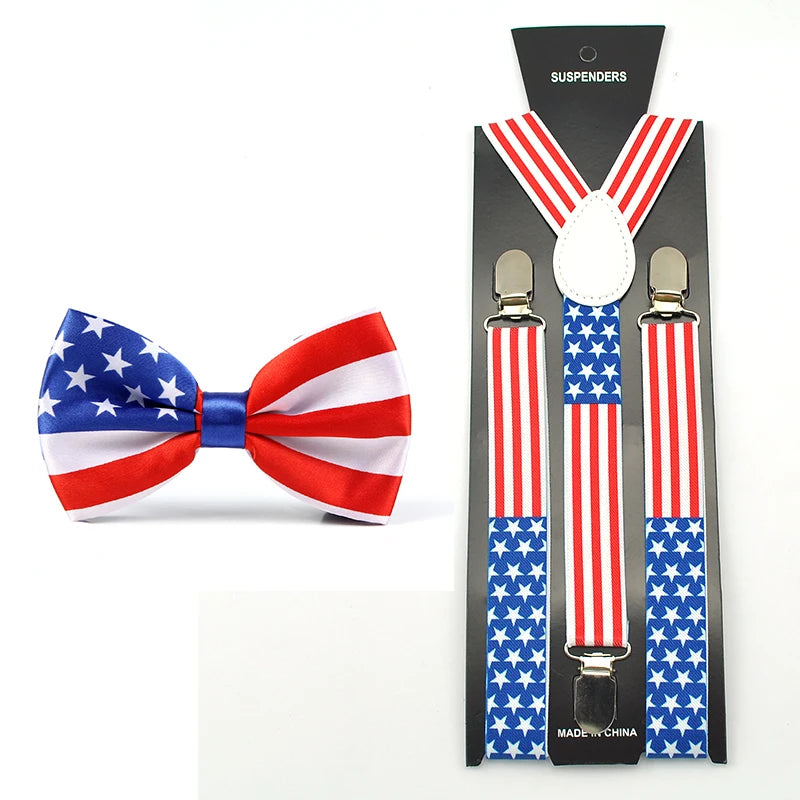 USA American Flag Suspender & Bow Tie Set, Adjustable Elastic Braces with Bowtie for Men Women, Patriotic Outfit for 4th of July