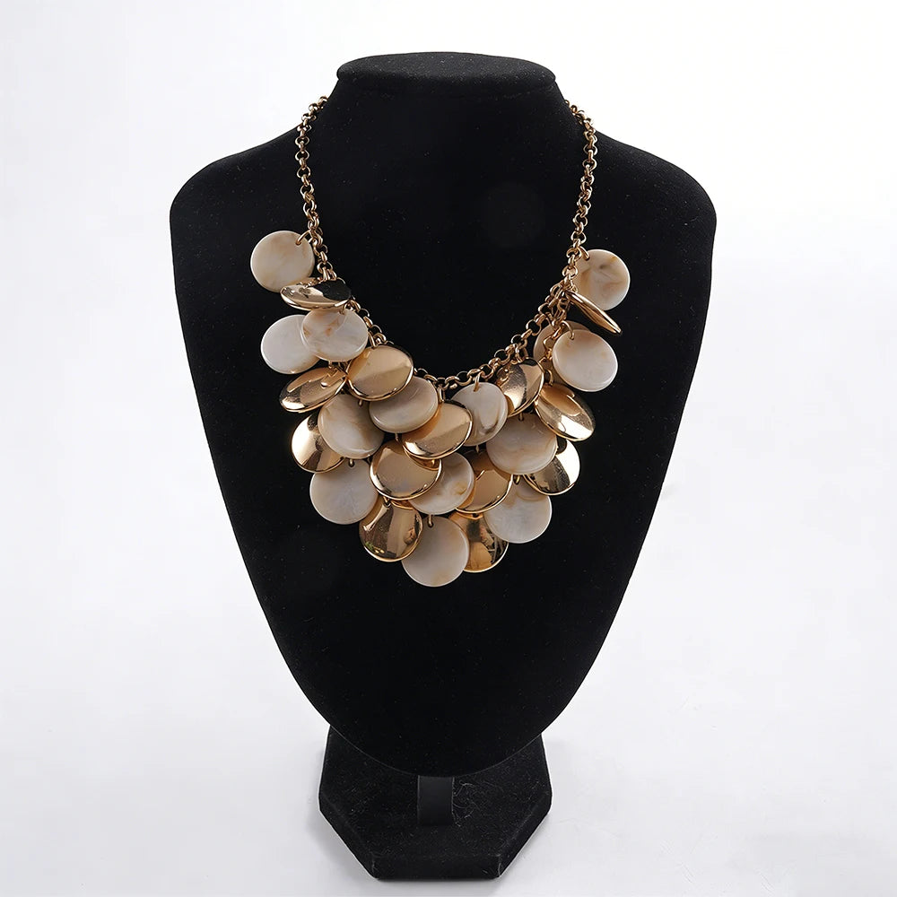 Elegant Multi Layer Hammered Disc Bib Necklace Gold Tone Statement Accessory for Women's Special Occasion Styling