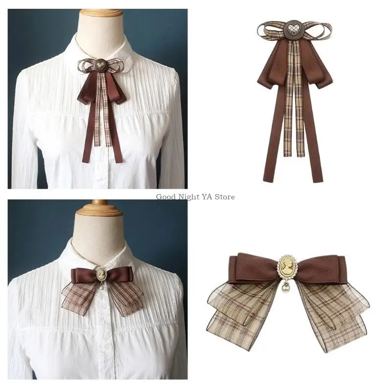 Retro Brown Plaids Bowtie Brooch Pin Uniform Ribbon Bowknot Jabot Collar Necktie