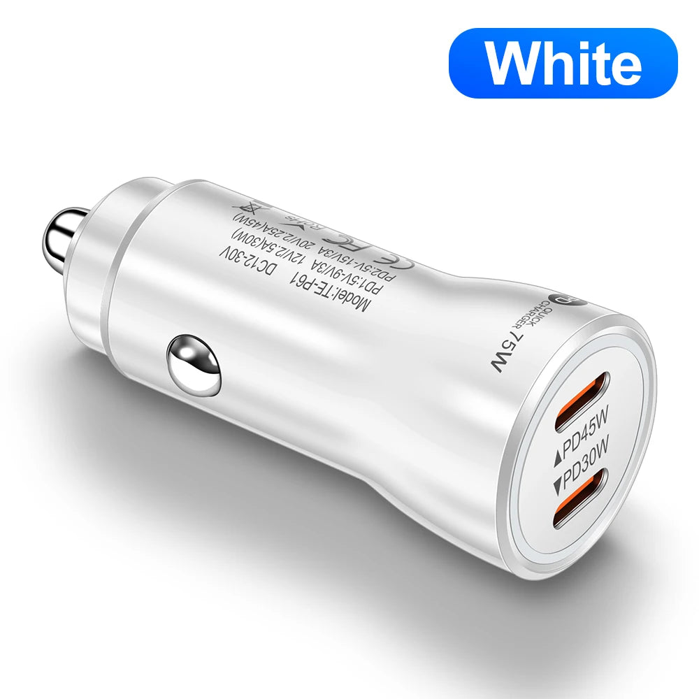 75W USB C Car Charger Dual Ports Type C PD Charger In Car Fast Charge Adapter For iPhone 15 14 Xiaomi Samgsung Car Phone Charger