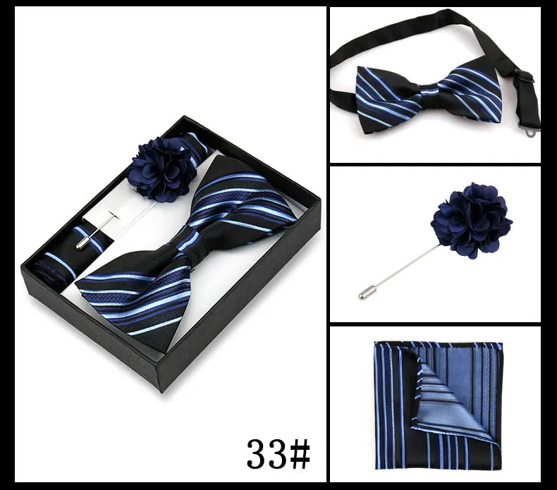 Classic High Quality Bow Tie Set Box Gift For Men Fashion Elegant Bowtie Handchief And Brooch Set Wedding Business Accessories