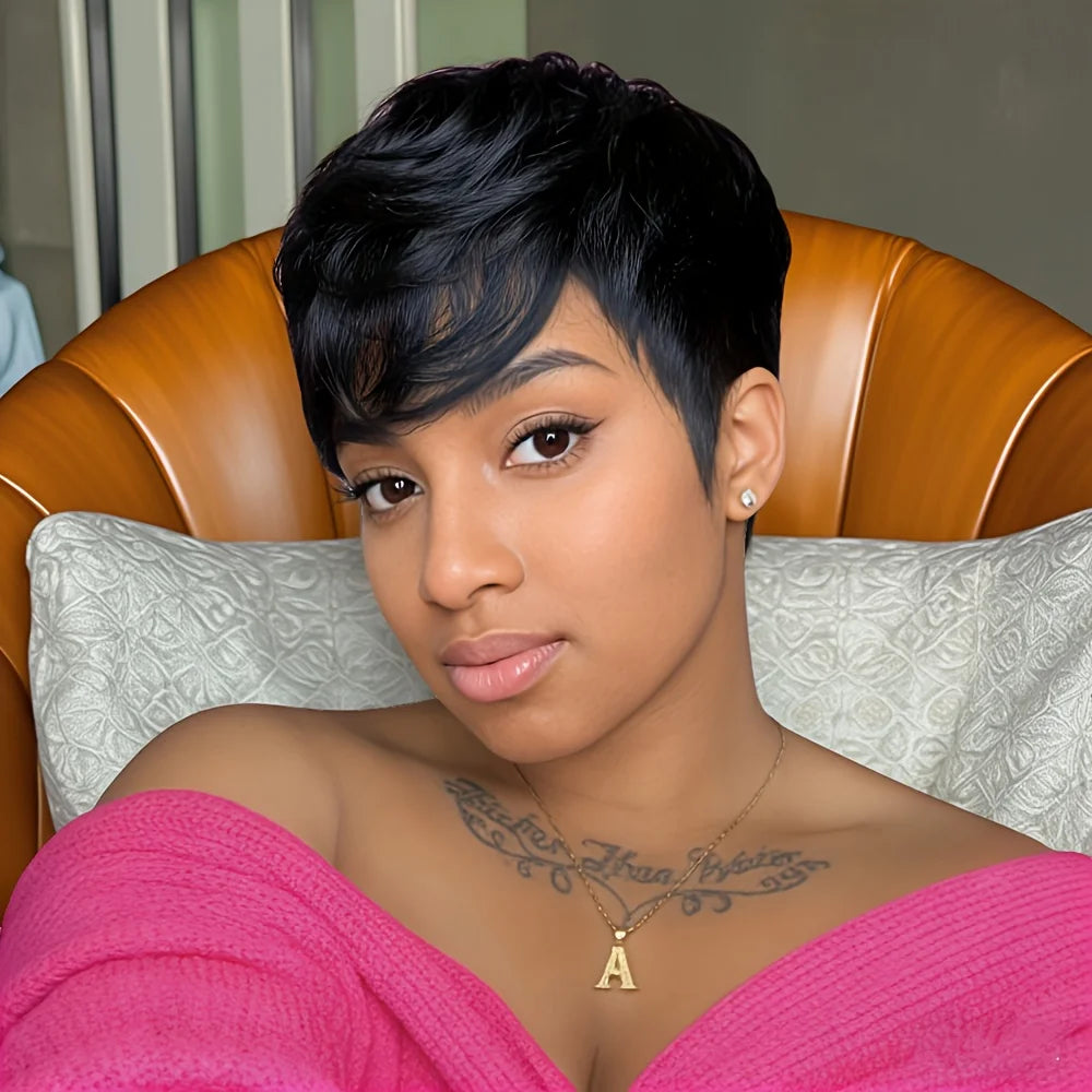 short curly human hair wig machine made 150% density 6inch balck color for women pixie cut human hair wig