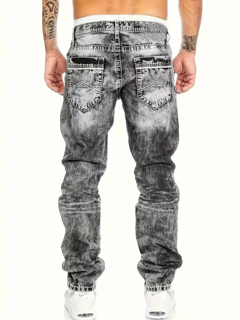 European American Jeans Men's Autumn New Slim Elastic Trousers Fashionable Vintage Wash Denim Pants Male Streetwear