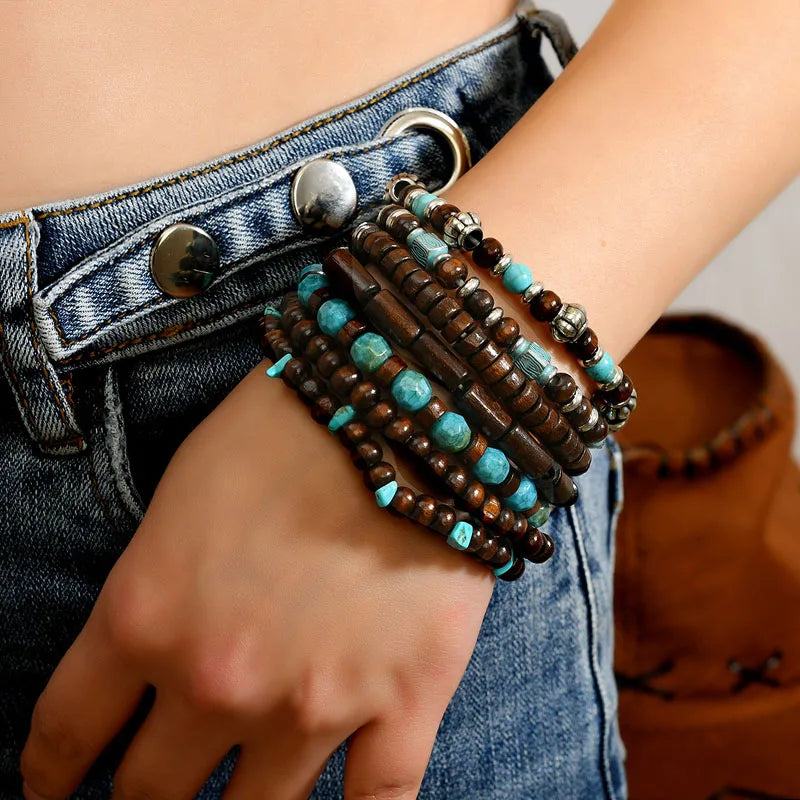 Bohemian Multilayer Bracelet Set Wood Beaded Turquoise Accent Retro Ethnic Charm Wristband Stackable Hand Jewelry for Men Women