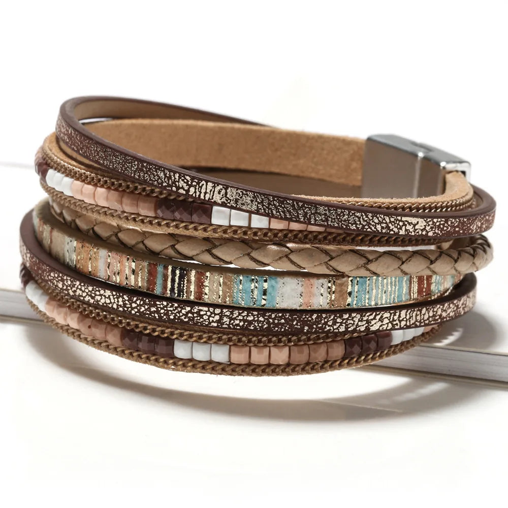 Bohemian Bracelet Hand-Woven Leather Bracelet Alloy Magnetic Clasp for Women Fashion Bracelet Women's Aesthetic Jewelry