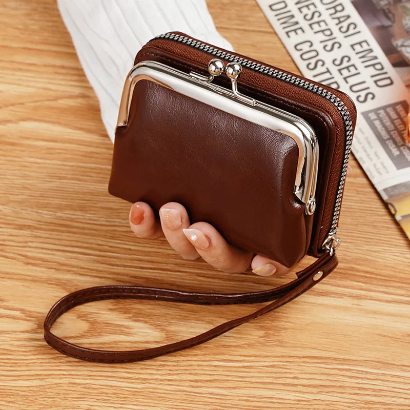 Women's Wallet Fashionableand Minimalist Wrist Strap Short Zero Wallet RetroVersatile LargeCapacity Multi Card Pocket Money Clip
